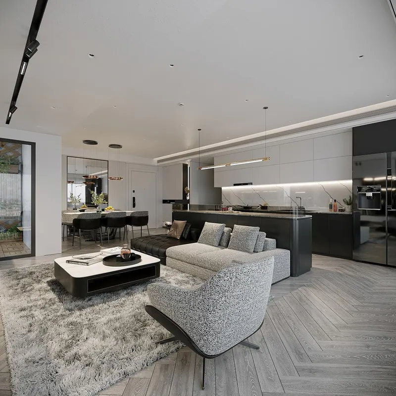 3D rendering of an open-plan living, dining and kitchen space with herringbone flooring