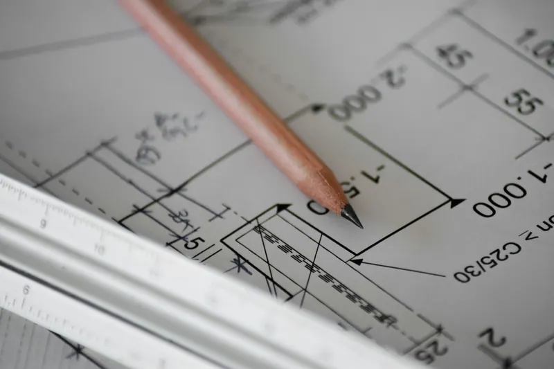 Pencil and scale ruler on a dimensioned drawing