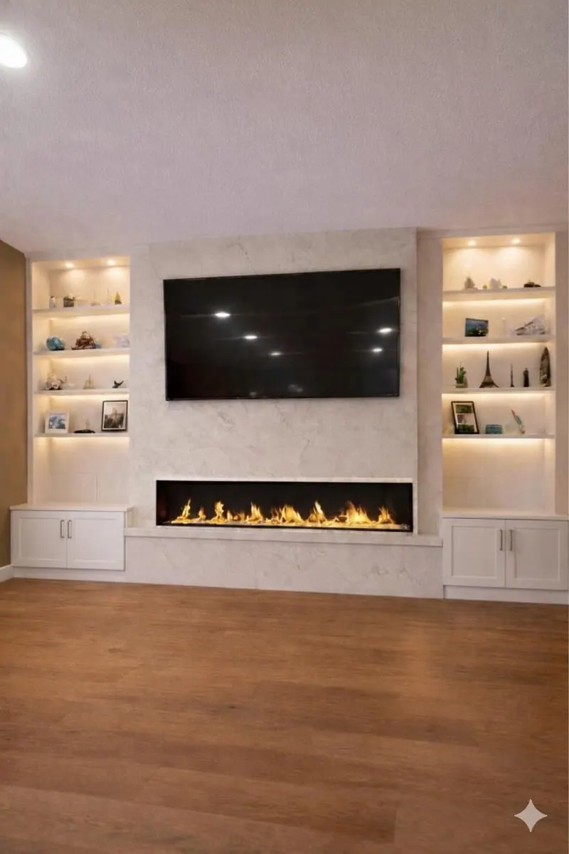 Modern living room with built-in illuminated shelving, a linear fireplace, and wall-mounted television above stone-look cladding.